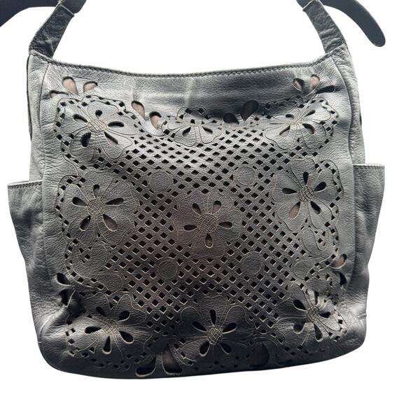Isabella Fiore Black Leather Laser Cut Floral Shoulder Hobo Bag - Picture 3 of 16